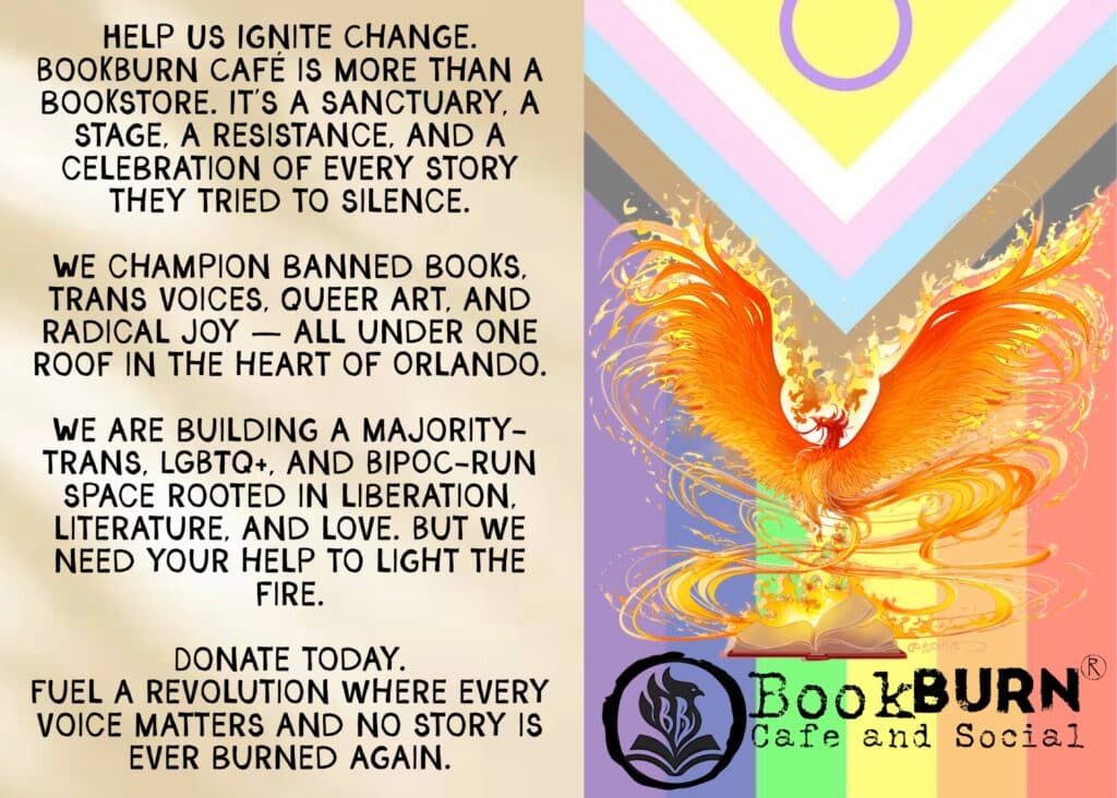 A request for donations to BookBurn Cafe and Social in Orlando with a rising phoenix over a burning book on the right side.