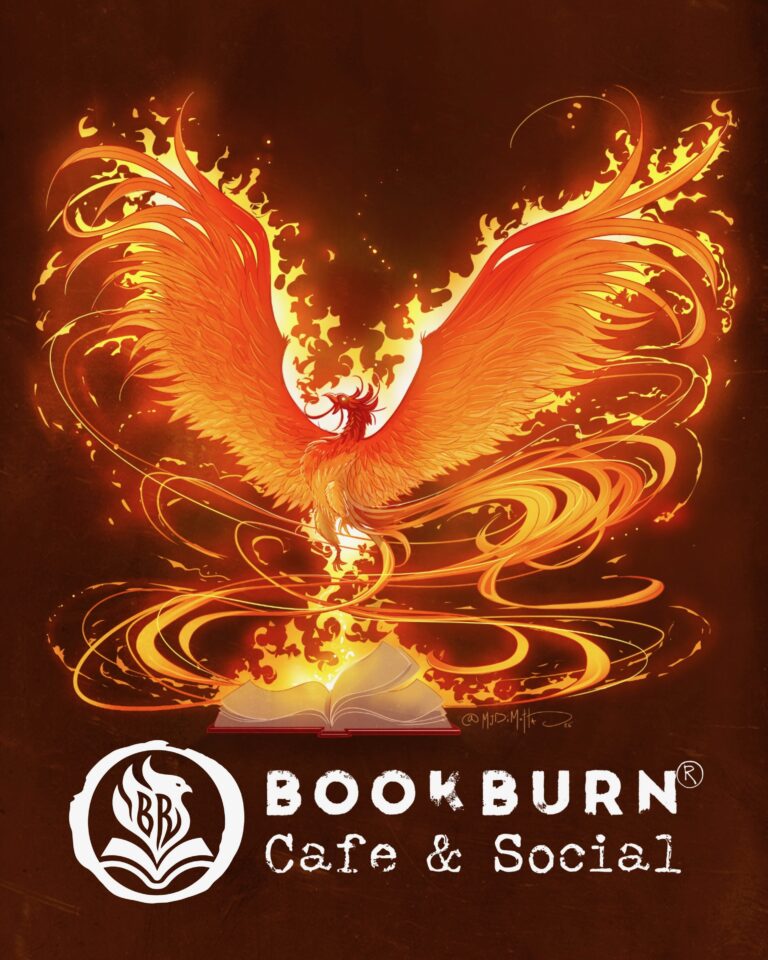 BookBurn Cafe and Social phoenix logo over top of book with text that reads BookBurn Cafe and Social