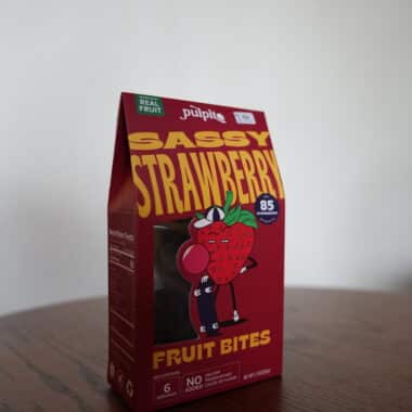 Púlpito Sassy Strawberry fruit bites candy box displayed on a table at BookBurn Cafe and Social