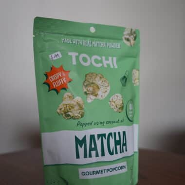 Tochi matcha gourmet popcorn bag displayed at BookBurn Cafe and Social in Orlando