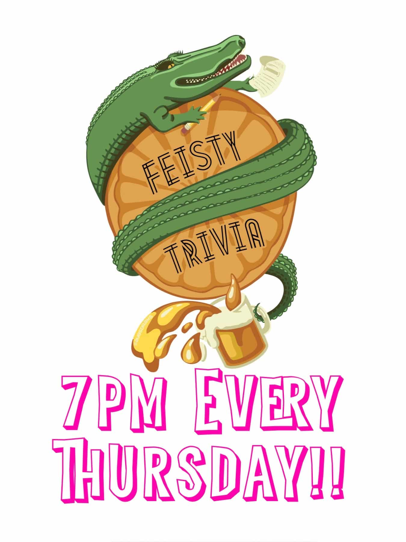 Promotional graphic for Feisty Trivia at BookBurn Cafe and Social in Orlando, held every Thursday at 7:00 PM.