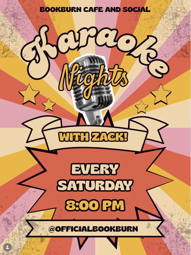 Promotional flyer for Karaoke Nights with Zack at BookBurn Cafe and Social in Orlando, held every Saturday at 8:00 PM.
